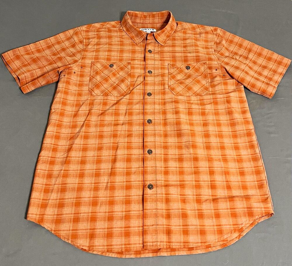 Orvis Classic Collection Mens L Orange Plaid Short Sleeve Button Shirt Outdoors